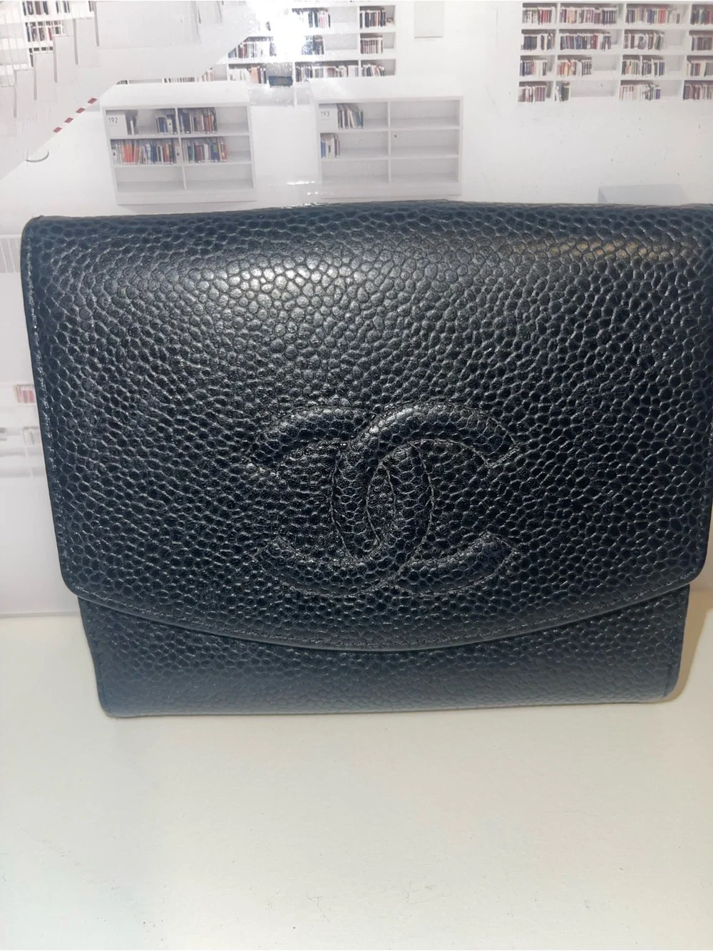 Authentic Vintage Chanel Black Caviar Leather CC Logo Compact Wallet Flap Wallet